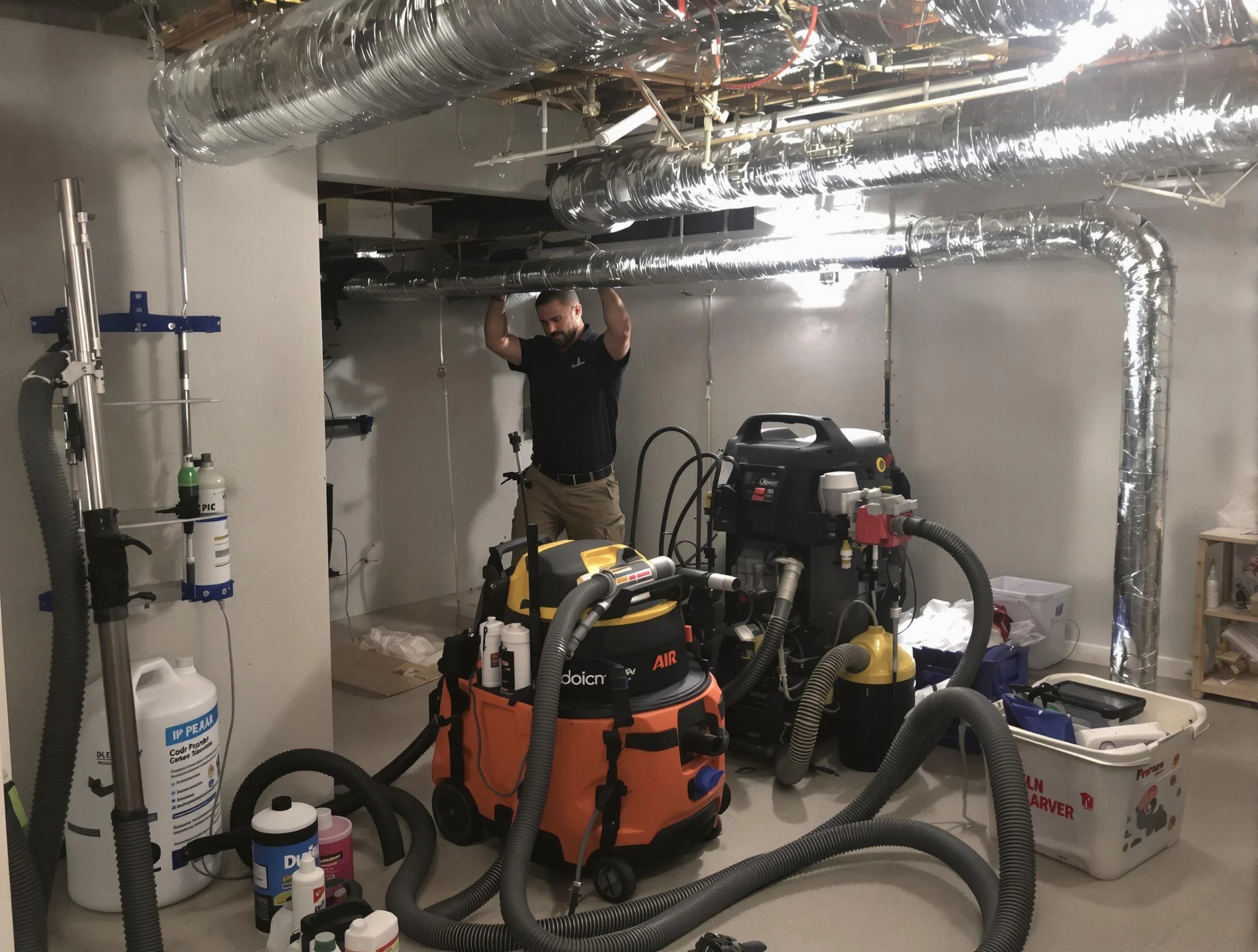 Lehi Air Duct Cleaning specialist performing professional mold removal from air ducts using safety equipment in Lehi